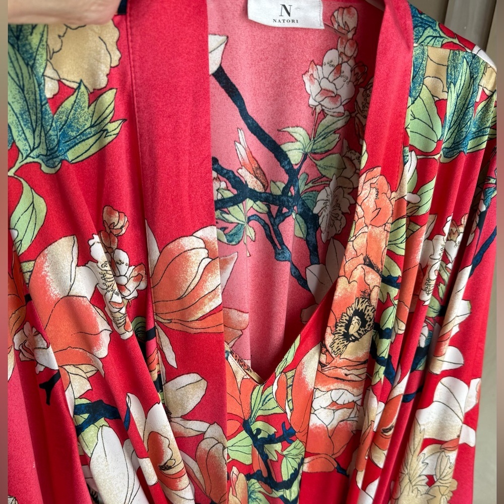 Natori Enchanted Lotus Satin Kimono Robe Gown Set Women’s L-XL Coral Pink Floral